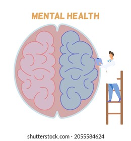 A doctor on a ladder standing next to human brain, mental health concept