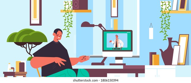 doctor on laptop screen consulting male patient online consultation healthcare service medicine medical advice concept living room interior horizontal portrait vector illustration