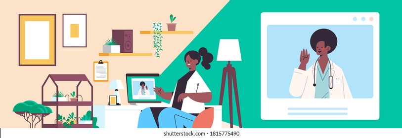 doctor on laptop screen consulting african american female patient online consultation healthcare service medicine medical advice concept living room interior horizontal portrait vector illustration