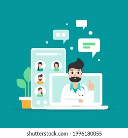 Doctor on the laptop screen. Medical internet consultation or webinar. Healthcare consulting web service.  Hospital support online. Computer doctor. Ask a doctor. Vector flat illustration on blue