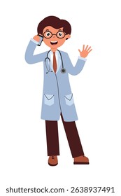 Doctor on the phone, cheerfully greeting patients in a friendly and professional manner during a busy medical day. Vector isolated illustration in flat style on white background.