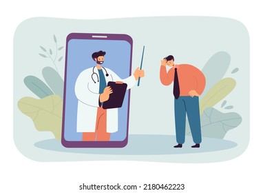 Doctor on phone screen and desperate patient. Male patient having online therapist appointment flat vector illustration. Disease, medicine concept for banner, website design or landing web page