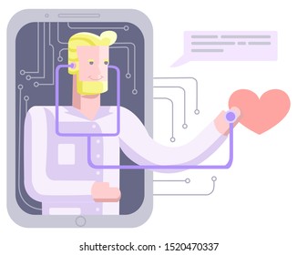 Doctor on the phone screen with a stethoscope in his ears.
