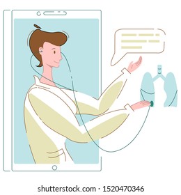 Doctor on the phone screen with a stethoscope in her ears.