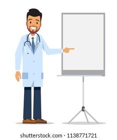 Doctor on presentation. Doctor with clipboard giving medical presentation. Vector character design isolated on white background.