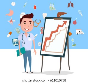 Doctor on presentation. Doctor with clipboard giving medical presentation.
And a set of icons.