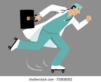 Doctor on roller skates rushing to a patient, EPS 8 vector illustration