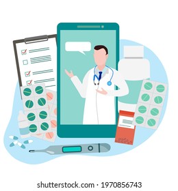 A doctor on smart phone screen explaining and giving counsel with medical elements, pills, document tablet, thermometer, eyedrops in blue and green colors tone