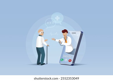 Médico no diagnóstico online de smartphone e dar consulta a paciente sênior. Telemedicina, médico virtual, tecnologia de inovação de serviços médicos e de saúde para idosos. Vetor.