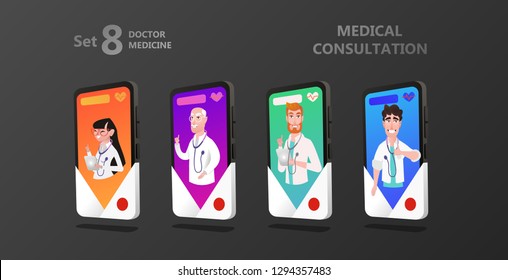 Doctor on the smartphone screen. The concept of online medical consultation. Smartphone in doctor's lab coat with a red cross. Online doctor character or patient consultation to the doctor via phone