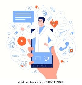 Doctor On Smartphone Screen In Messenger Chat. Online Medical Services, Consultations, Support. Vector Flat Cartoon Illustration.