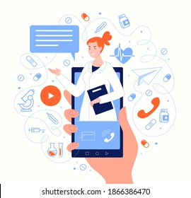 Doctor on smartphone screen in messenger chat. Online medical services, consultations, support. Vector flat cartoon illustration.