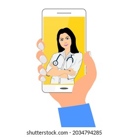 The doctor is on the smartphone screen. Online consultation. Vector illustration.