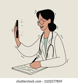 Doctor on video call flat vector illustration, line minimalism illustration, 