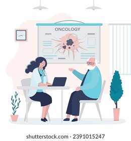 Doctor oncologist talking aged man about prevention cancer. Medical checkup and treatment. Doctor or nurse and patient in clinic office room. Healthcare, oncology, awareness. flat vector illustration