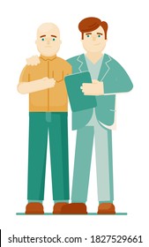 Doctor oncologist. Doctor oncologist in uniform embracing shoulder supporting sad bald sick cancerous man patient isolated. Oncology therapy, cancer illness danger awareness vector illustration