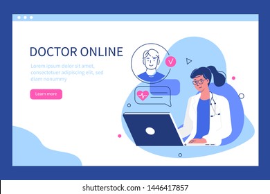 Concepto médico en línea. Se puede usar para banner web, infografías, imágenes de héroes. Ilustración vectorial de estilo plano aislada en fondo blanco.