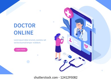 Doctor online concept with character. Can use for web banner, infographics, hero images. Flat isometric vector illustration isolated on white background.