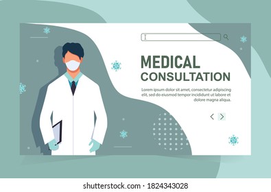 Doctor online concept with character. Online diagnostics and pharmacy. Doctors website. Can be used for web banners, infographics, hero images. Flat design, vector stock illustration. Online medical.