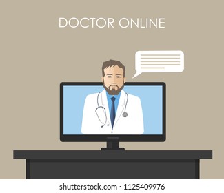 Doctor online concept. Online consultation with a medical specialist. There is male doctor's photo on the screen of the computer in the picture. Vector illustration