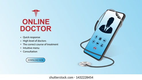 Doctor online concept. Healthcare concept. Consultation with the doctor through the screen of the phone. Medical consultation and treatment via application of smartphone connected internet clinic. 