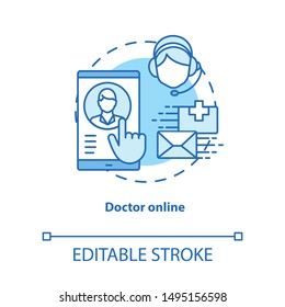 Doctor online concept icon. Internet physician service idea thin line illustration. Clinic, hospital call centre. Specialist smartphone app messenger. Vector isolated outline drawing. Editable stroke