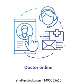 Doctor online concept icon. Internet physician service idea thin line illustration. Clinic, hospital call centre. Specialist smartphone app messenger. Vector isolated outline drawing