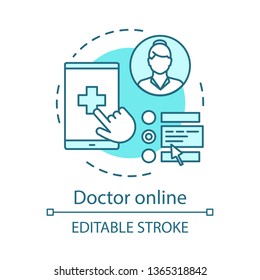 Doctor online concept icon. Online service for medical consultation. Chat with therapist. Healthcare mobile application idea thin line illustration. Vector isolated outline drawing. Editable stroke