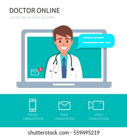 Doctor Online Concept With Icons Set. Vector Illustration.