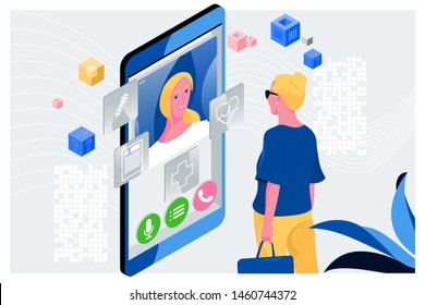 Doctor online concept.Woman having an online consultation with her doctor.Online medical clinic communication with patient. Vector isometric illustration.