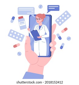 Doctor online consultation. Big flat hand holds phone, doc woman advises from mobile screen, remote health care, medical app. Cousulting design for smartphone vector concept