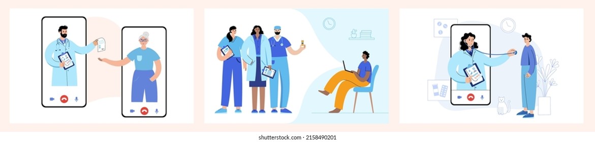 Doctor online consultation concept. Medical clinic app on mobile phone. Telemedicine and video conference on laptop. Patient gets help from home via the internet. Health care flat vector illustration.