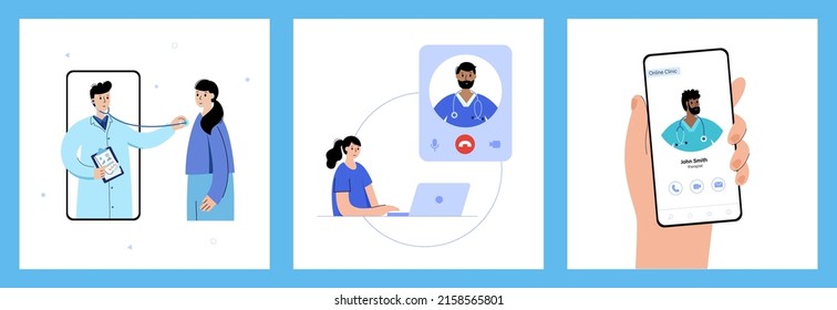 Doctor online consultation concept. Medical clinic app on mobile phone. Telemedicine and video conference on laptop. Patient gets help from home via the internet. Health care flat vector illustration.