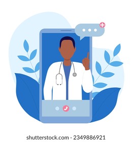 Doctor online. Consultation with a doctor using a mobile phone or application. Vector illustration. Flat cartoon style. The concept of protection and medicine.