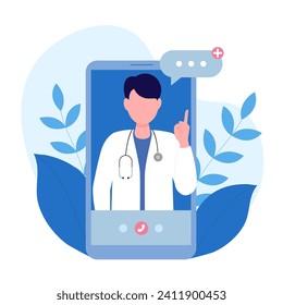 Doctor online. Consultation with a doctor using a mobile phone. Vector illustration. The concept of protection and medicine.