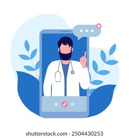 Doctor en línea. Consulta con el médico utilizando el teléfono móvil o la aplicación. Ilustración vectorial en estilo plano de dibujos animados. El concepto de protección y medicina.