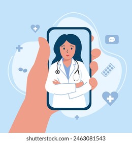 Doctor online consultation. Woman doctor in medical gown on phone screen. Call a doctor via smartphone application