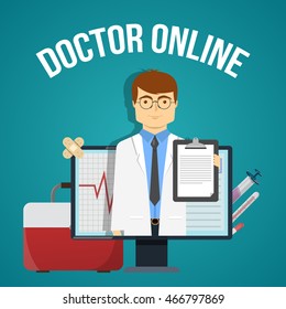 Doctor online design with friendly practitioner in computer and medical objects on blue background vector illustration       