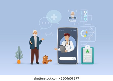 Doctor online diagnosis and give consultation to senior patient. Telemedicine, virtual doctor, medical and health care service innovation technology. Vector.