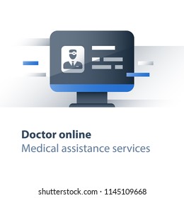 Doctor online, distant treatment, health care specialist, disease consulting, medical web services, internet resources, general practitioner guidance, vector icon, flat illustration