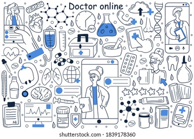 Doctor online doodle set. Collection of hand drawn templates patterns of man patient using mobile phone for chatting witch doctor on social media or network. Digital medical consultation illustration.