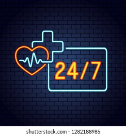 Doctor online glowing neon logo on dark brick wall background. Neon doctors mobile app sign with heart, pulse line and stethoscope. Mobile medicine round the clock 24 7 app. Vector illustration.