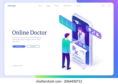 Doctor online isometric landing page, telehealth service, distance medicine application for mobile phone. Physician medic shaking hands with patient from huge smartphone screen, 3d vector web banner