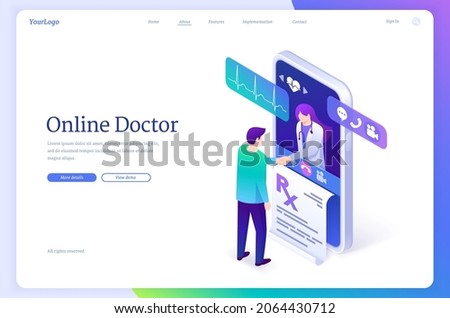 Doctor online isometric landing page, telehealth service, distance medicine application for mobile phone. Physician medic shaking hands with patient from huge smartphone screen, 3d vector web banner