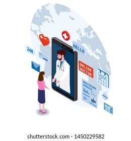 Doctor online isometry healthcare and medical consultation using a smartphone technology. Patient women and doctor character icons medical health concept. Flat isometric vector illustration baner