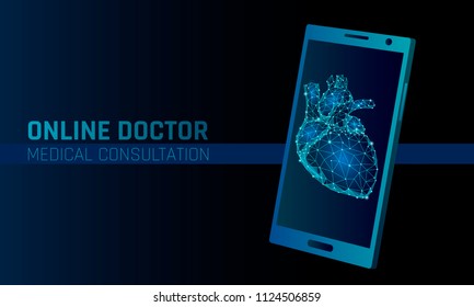 Doctor online medical app mobile applications. Digital heathcare medicine diagnosis concept banner. Human heart smartphone low poly geometric innovation technology vector illustration art