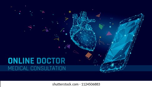 Doctor online medical app mobile applications. Digital heathcare medicine diagnosis concept banner. Human heart smartphone low poly geometric innovation technology vector illustration art