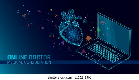 Doctor online medical app mobile applications. Digital healthcare medicine diagnosis concept banner. Human heart laptop low poly geometric innovation technology vector illustration