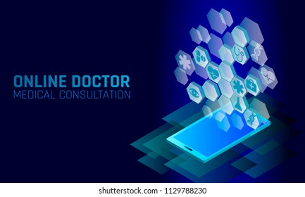 Doctor Online Medical App Mobile Applications. Digital Healthcare Medicine Diagnosis Concept Banner. Human Heart Eye DNA Icon Hexagon Innovation Technology Vector Illustration