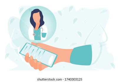 Doctor. Online medical clinic communication with patient. The medical mobile app concept. Ask doctor. Chat in messenger. Online medical advice or consultation service. Flat vector illustration. 